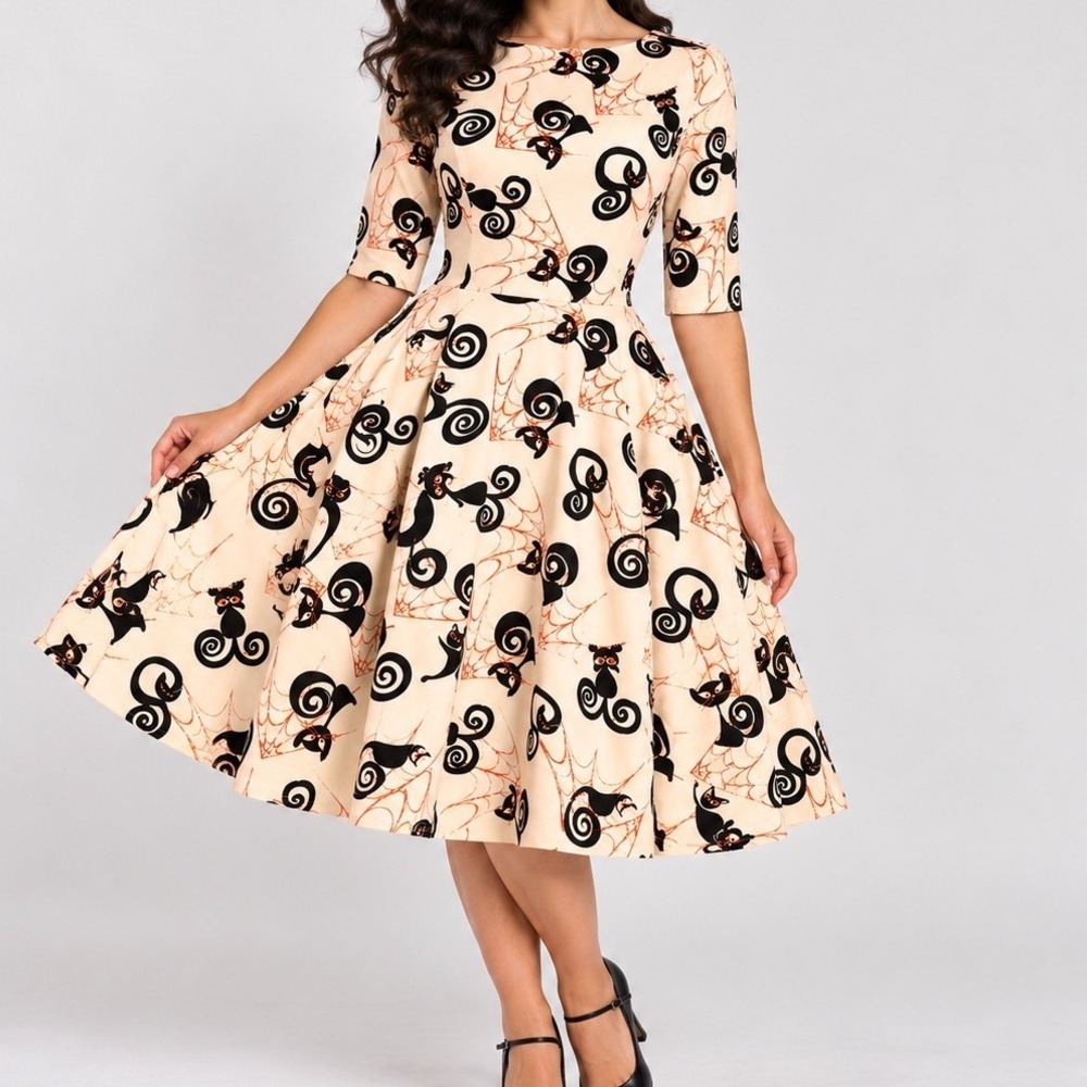 Unique Vintage Retro Black Cat Halloween Rockabilly Swing Dress Medium Webs